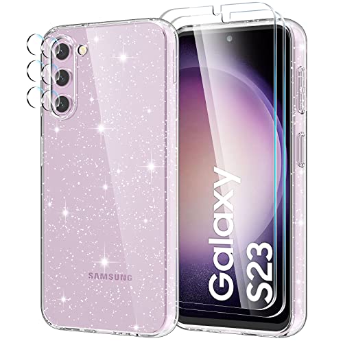 YIRSUR Hülle Kompatibel mit Samsung Galaxy S23 5G mit 2 Stück Glasfolie und 2 Stück Kamera Glasfolie, Handyhülle Transparent Glitzer Slim Soft Silikon TPU von YIRSUR