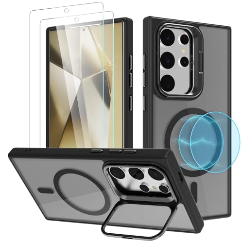 YIRSUR Hülle Kompatibel mit Samsung Galaxy S24 Ultra mit 2 Stück Glasfolie für MagSafe mit Ständer [Unsichtbarer Kameraständer], Hart PC Stoßfeste Kratzfeste Transluzent Matte Handyhülle, Schwarz von YIRSUR