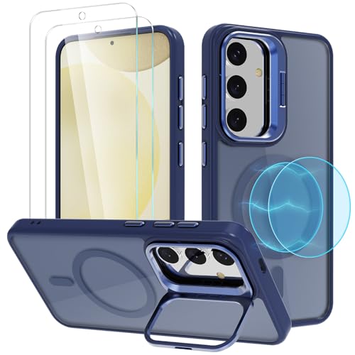 YIRSUR Hülle Kompatibel mit Samsung Galaxy S24 mit 2 Stück Glasfolie für MagSafe mit Ständer [Unsichtbarer Kameraständer], Hart PC Stoßfeste Kratzfeste Transluzent Dünn Matte Handyhülle, Blau von YIRSUR