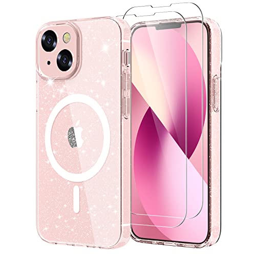 YIRSUR Hülle Kompatibel mit iPhone 13 mit 2 Stück Glasfolie, Magnetisches Kabelloses Laden Handyhülle Transparent Glitzer Slim Hard Back Cover Kompatibel mit iPhone 13 YIRSUR Hülle Kompatibel mit iPhone 13 mit 2 Stück Glasfolie, Magnetisches Kabelloses Laden Handyhülle Transparent Glitzer Slim Hard Back Cover Kompatibel mit iPhone 13 von YIRSUR