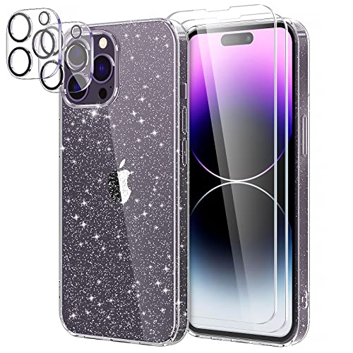 YIRSUR Hülle Kompatibel mit iPhone 14 Pro Max mit 2 Stück Schutzfolie und 2 Stück Kamera Glasfolie, Handyhülle Transparent Glitzer Slim Soft Silikon TPU Kompatibel mit iPhone 14 Pro Max von YIRSUR