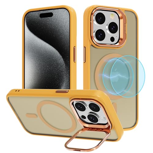 YIRSUR Hülle Kompatibel mit iPhone 15 Pro Max für MagSafe mit Ständer [Unsichtbarer Kameraständer], Hart PC Stoßfeste Kratzfeste Schutzhülle Transluzent Matte magnetisches Handyhülle, Orange von YIRSUR