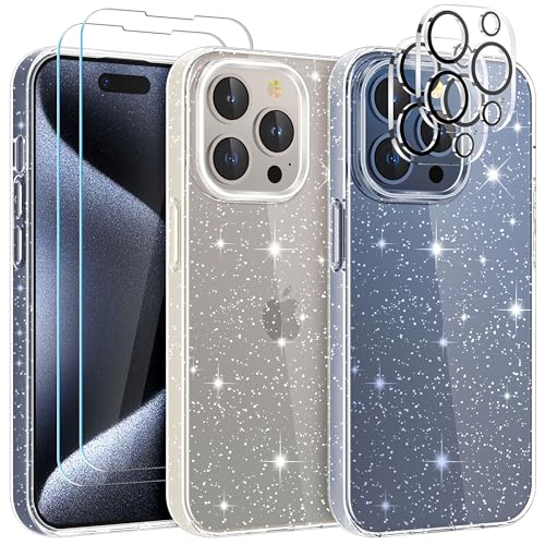 YIRSUR Hülle Kompatibel mit iPhone 15 Pro Max mit 2 Stück Glasfolie und 2 Stück Kamera Glasfolie, Handyhülle Transparent Glitzer Slim Soft Silikon TPU für iPhone 15 Pro Max von YIRSUR