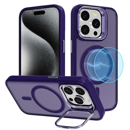 YIRSUR Hülle Kompatibel mit iPhone 15 Pro für MagSafe mit Ständer [Unsichtbarer Kameraständer], Hart PC Stoßfeste Kratzfeste Schutzhülle Transluzent Matte magnetisches Handyhülle, Dunkellila von YIRSUR