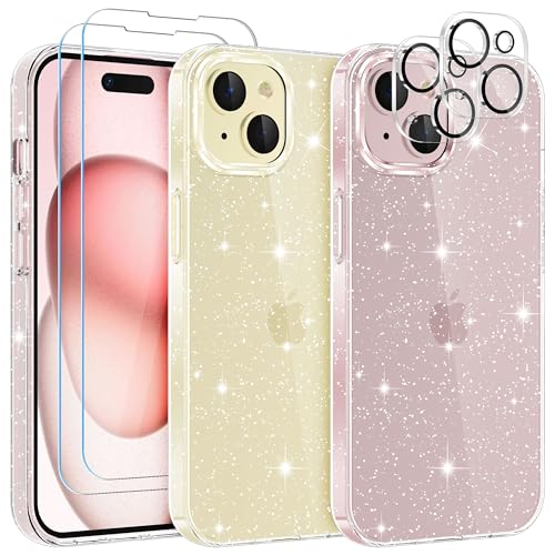 YIRSUR Hülle Kompatibel mit iPhone 15 mit 2 Stück Glasfolie und 2 Stück Kamera, Glasfolie Handyhülle Transparent Glitzer Slim Soft Silikon TPU für iPhone 15 YIRSUR Hülle Kompatibel mit iPhone 15 mit 2 Stück Glasfolie und 2 Stück Kamera, Glasfolie Handyhülle Transparent Glitzer Slim Soft Silikon TPU für iPhone 15 von YIRSUR