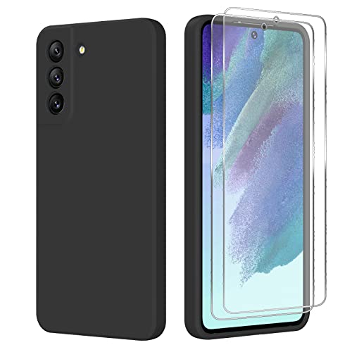 YIRSUR Hülle Kompatible mit Samsung Galaxy S21 FE 5G Handyhülle Case mit 2 Stück Glasfolie Schutzfolie, Liquid Silicone Premium Soft TPU Bumper Tasche Cover-Stoßfest Kratzfest (Schwarz) von YIRSUR