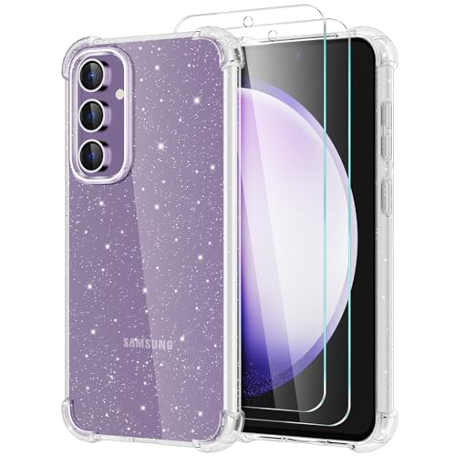 YIRSUR Hülle für Samsung Galaxy S23 FE 5G Glitzer Hülle mit 2 Stück Panzer Schutz Glas, [Clear Glitzer] [360 Grad Schutz] Transparent TPU Silikon Stoßfest Handyhülle von YIRSUR