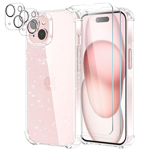 YIRSUR Hülle für iPhone 15 Plus Glitzer Hülle mit 2 Stück Panzer Schutz Glas und 2 Stück Kameraschutz, [Clear Glitzer] [360 Grad Schutz] Transparent TPU Silikon Stoßfest Handyhülle von YIRSUR