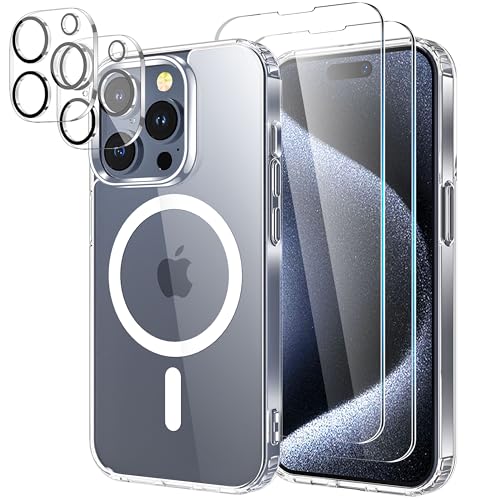 YIRSUR Hülle für iPhone 15 Pro Kompatibel mit Mag Safe mit 2 Schutzfolie und 2 Kameraschutz, Dünn Transparent Nie Vergilbung Hart PC Magnetische Handyhülle Kratzfest Clear Magnetic Schutzhülle von YIRSUR