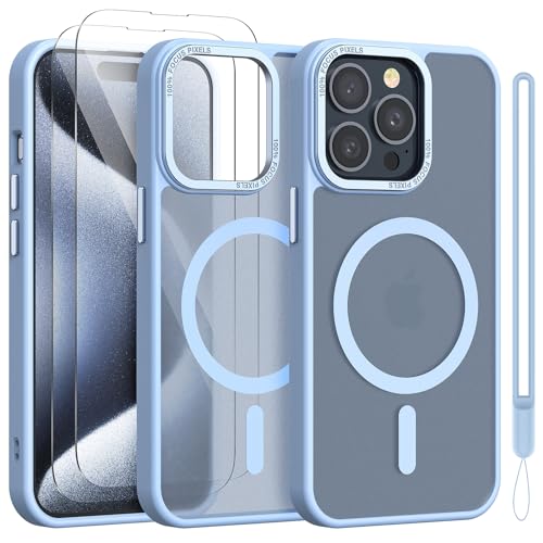 YIRSUR Hülle für iPhone 15 Pro Max mit 2 Stück Schutzfolie, Kompatibel mit Mag Safe, Magnetisch iPhone 15 Pro Max Handyhülle Transluzent Matt Dünn Stoßfest Case mit Handschlaufe, Blau YIRSUR Hülle für iPhone 15 Pro Max mit 2 Stück Schutzfolie, Kompatibel mit Mag Safe, Magnetisch iPhone 15 Pro Max Handyhülle Transluzent Matt Dünn Stoßfest Case mit Handschlaufe, Blau von YIRSUR