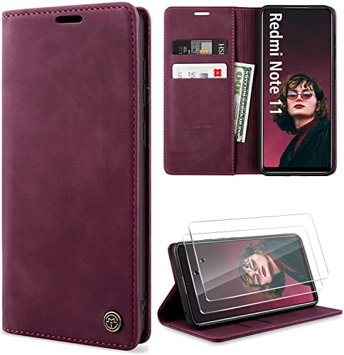 YIRSUR Kompatibel mit Xiaomi Redmi Note 11/ Note11S Hülle mit 2 Stück Glasfolie, Premium Leder PU Flip Case Wallet Lederhülle Handyhülle Klapphülle Magnetisch Silikon Bumper (Red) von YIRSUR