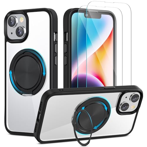 YIRSUR Unsichtbarer Magnetisch Ständer für iPhone 13/14 Hülle mit 2 Stück Glasfolie, Kompatibel mit Magsafe, 360° Verstellbarem Ständer Transparente TPU Stoßfeste Anti-Rutsch-Schutzhülle,Schwarz YIRSUR Unsichtbarer Magnetisch Ständer für iPhone 13/14 Hülle mit 2 Stück Glasfolie, Kompatibel mit Magsafe, 360° Verstellbarem Ständer Transparente TPU Stoßfeste Anti-Rutsch-Schutzhülle,Schwarz von YIRSUR