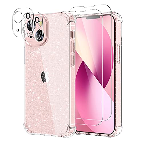 YIRSUR Kompatibel mit iPhone 13 Hülle, mit 2 Stück Panzerglas Schutzfolie und 2 Stück Kamera Panzerglas, Handyhülle Transparent Glitzer Silikon Stoßfest TPU Bumper Case - Glitzer von YIRSUR