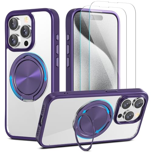 YIRSUR Unsichtbarer Magnetisch Ständer für iPhone 15 Pro Hülle mit 2 Stück Glasfolie, Kompatibel mit Magsafe, 360° Verstellbarem Ständer Transparente TPU Stoßfeste Anti-Rutsch-Schutzhülle,Dunkellila von YIRSUR