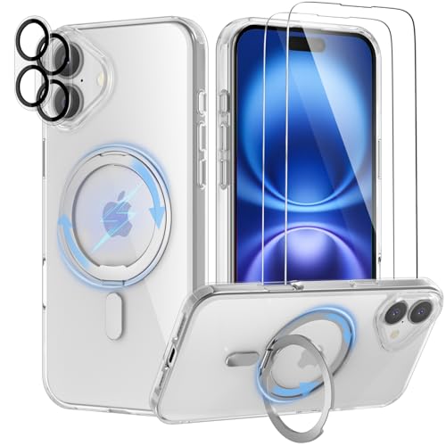 YIRSUR Unsichtbarer Magnetisch Ständer für iPhone 16 Plus Hülle mit 2×Glasfolie und 2×Kameraschutz,Kompatibel mit Magsafe,360°Verstellbarem Ständer Transparente TPU Stoßfeste Anti-Rutsch,Klar von YIRSUR