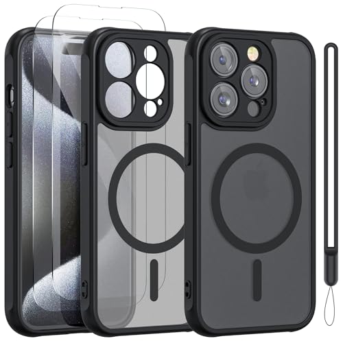 YIRSUR für iPhone 15 Pro Max Hülle mit MagSafe mit 2 Stück Schutzfolie,Vollständiger Kameraschutz, Transluzent Matte Magnetische Handyhülle Ultra Dünn Hart PC Kratzfes für iPhone 15 Pro Max (Schwarz) YIRSUR für iPhone 15 Pro Max Hülle mit MagSafe mit 2 Stück Schutzfolie,Vollständiger Kameraschutz, Transluzent Matte Magnetische Handyhülle Ultra Dünn Hart PC Kratzfes für iPhone 15 Pro Max (Schwarz) von YIRSUR