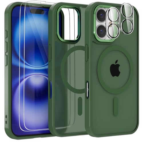 YIRSUR für iPhone 16 Plus Hülle, 1 Handyhülle mit 2 Panzer Schutz Glas und 2 Kameraschutz, Kompatibel mit Mag Safe, Dünn Matt Magnetisch Schutzhülle Stoßfest Handyhülle Case (Grün) von YIRSUR