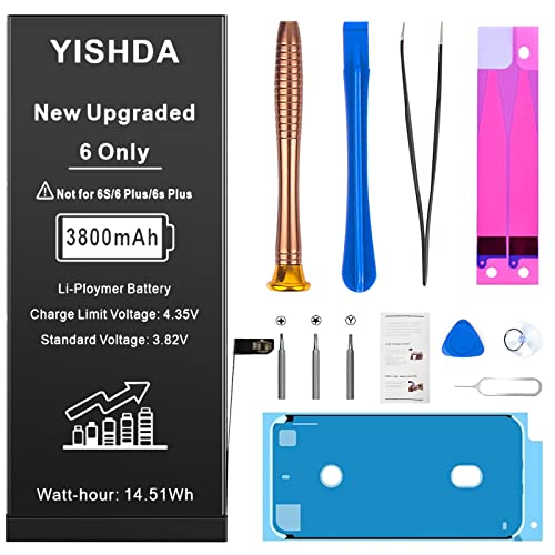 3800mAh Akku für iPhone 6 (2022 New Version), YISHDA Ultra High Capacity Replacement 0 Cycle Battery für iPhone 6 A1586,A1589,A1549 mit komplettem Profi-Reparaturwerkzeug-Set…… von YISHDA