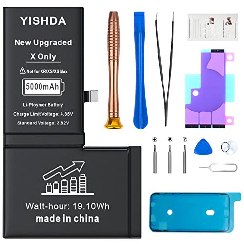 [5000mAh] Akku für iPhone X, YISHDA New Upgrade 0 Cycle Ultra High Capacity Battery Replacement for iPhone X Model A1865, A1901, A1902 with Full Set Professional Repair Tool Kits…… von YISHDA
