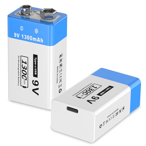 9V wiederaufladbare Lithium-Batterien, 1300mAh 6F22-Batterien mit hoher Kapazität für Rauchmelder, Metalldetektoren, Mikrofone und mehr（2 Pack ） von YISHDA