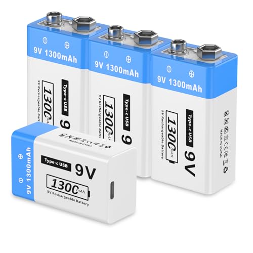 9V wiederaufladbare Lithium-Batterien, 1300mAh 6F22-Batterien mit hoher Kapazität für Rauchmelder, Metalldetektoren, Mikrofone und mehr（4 Pack ） von YISHDA