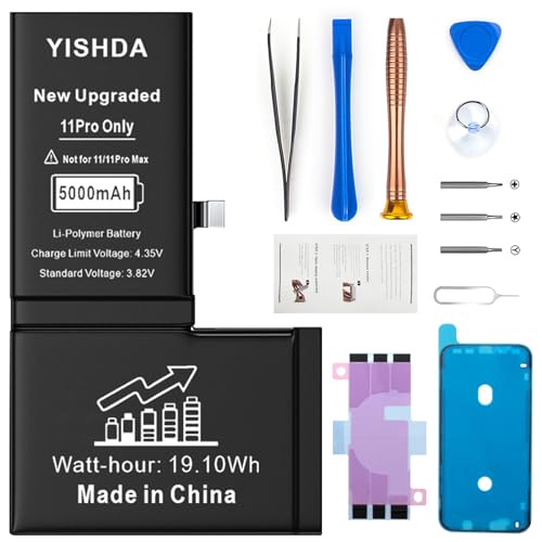 Akku für iPhone 11 Pro, YISHDA 5000mAh hohe Kapazität Li-Ion Polymer Ersatz Akku für Modell A2160 A2215 A2217 mit professionellem Reparaturwerkzeug Kits… von YISHDA