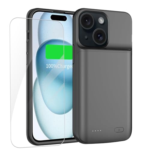 YISHDA Akkuhülle für iPhone 15, 7000 mAh, schlanke, tragbare Schutzhülle, kompatibel mit iPhone 15 (6,1 Zoll), mit wiederaufladbarem, erweitertem Akku-Ladegerät (schwarz) von YISHDA
