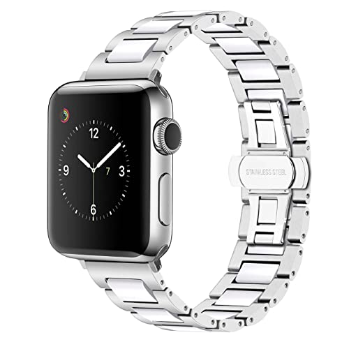 YISIWERA 38mm 40mm 41mm Armband Kompatibel für Apple Watch Weiße Keramik Silber Metall Armband 49mm 45mm 44mm 42mm Edelstahl Ersatzarmbänd für iWatch Ultra Series 9 8 7 6 5 4 3 2 SE für Herren Damen von YISIWERA