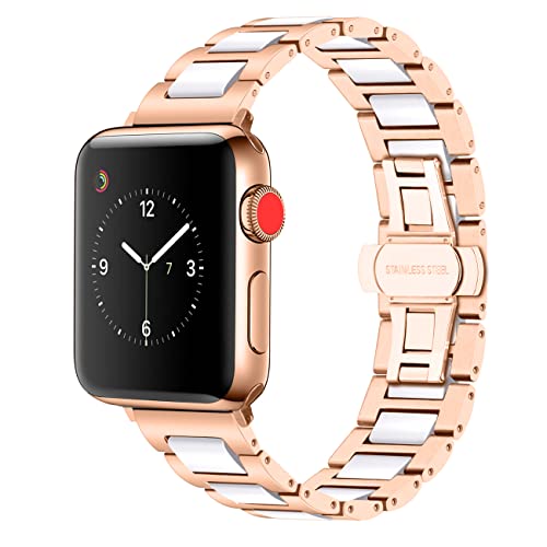 YISIWERA 49mm 45mm 44mm 42mm Armband Kompatibel für Apple Watch Weiße Keramik Roségold Metall Armband 38mm 40mm 41mm Ersatzarmbänd für iWatch Ultra Series 9 8 7 6 5 4 3 2 SE für Herren Damen von YISIWERA