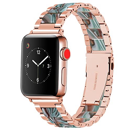 YISIWERA Armband Kompatibel mit Apple Watch 38mm 40mm 41mm Harz Resin Edelstahl Armband für iWatch Series 9 8 7 SE 6 5 4 3 2 1 Ersatz Uhrenarmband für Herren Damen Roségold Smaragdrot von YISIWERA
