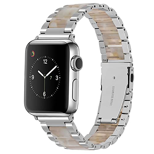 YISIWERA Armband Kompatibel mit Apple Watch Armband 38mm 40mm 41mm Harz Resin Edelstahl Armband für iWatch Series 9 8 7 SE 6 5 4 3 2 1 Ersatz Uhrenarmband für Herren Damen Silber Blumenrosa von YISIWERA