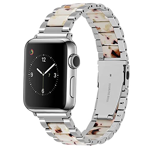 YISIWERA Armband Kompatibel mit Apple Watch Armband 38mm 40mm 41mm Harz Resin Edelstahl Armband für iWatch Series 9 8 7 SE 6 5 4 3 2 1 Ersatz Uhrenarmband für Herren Damen Silber Nougat Weiß von YISIWERA