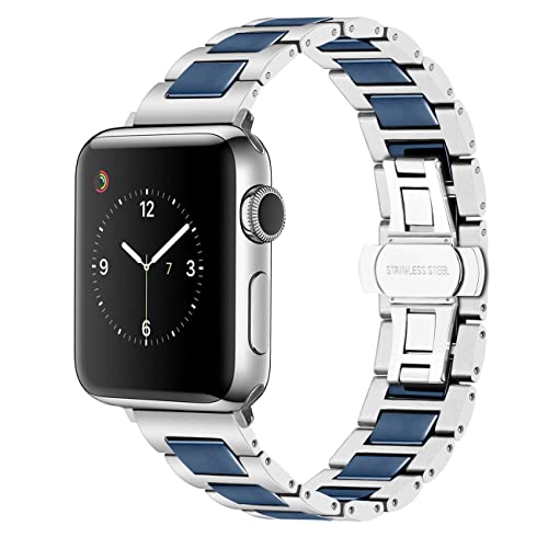 YISIWERA Kompatibel für Apple Watch Blau Keramik Silber Metall Armband 38mm 40mm 41mm Edelstahl Ersatzarmbänd für iWatch Ultra Series 9 8 7 6 5 4 3 2 1 SE für Herren Damen von YISIWERA