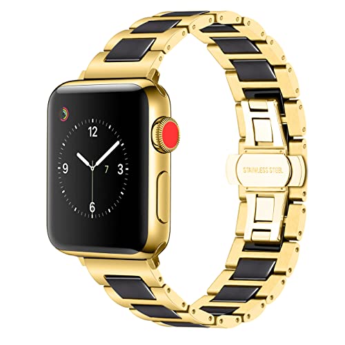 YISIWERA Kompatibel für Apple Watch Schwarz Keramik Gold Metall Armband 38mm 40mm 41mm Edelstahl Ersatzarmbänd für iWatch Ultra Series 9 8 7 6 5 4 3 2 1 SE Herren Damen von YISIWERA
