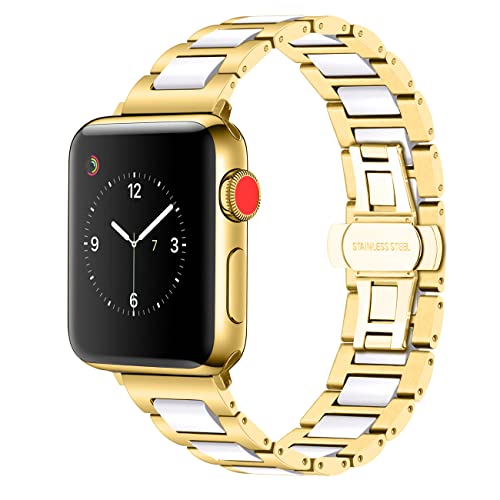 YISIWERA Kompatibel für Apple Watch Weiße Keramik Gold Metall Armband 38mm 40mm 41mm Edelstahl Ersatzarmbänd für iWatch Ultra Series 9 8 7 6 5 4 3 2 1 SE Herren Damen YISIWERA Kompatibel für Apple Watch Weiße Keramik Gold Metall Armband 38mm 40mm 41mm Edelstahl Ersatzarmbänd für iWatch Ultra Series 9 8 7 6 5 4 3 2 1 SE Herren Damen von YISIWERA