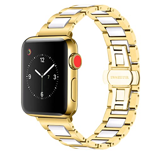 YISIWERA Kompatibel für Apple Watch Weiße Keramik Gold Metall Armband 38mm 40mm 41mm Edelstahl Ersatzarmbänd für iWatch Ultra Series 9 8 7 6 5 4 3 2 1 SE Herren Damen von YISIWERA