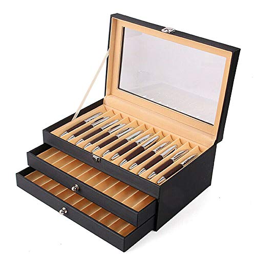 YIYIBY Stifthalterbox mit Vitrine aus Holz Aufbewahrungsbox für 36 Füller Stifte Kugelschreiber Federhalter Display Box 30 * 20 * 13.5cm (Schwarz) von YIYIBY