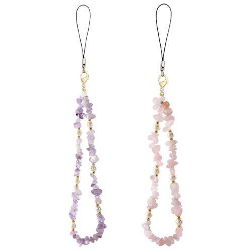 YIZWINS 2 Stück Handyanhänger,Handykette Universal Kristall Phone Chain Frauen Handykette Perlen Kurz, Handykette Handgelenk Natürlicher Kristall-Steine Handy Anhänger Kette Handyschmuck(Lila+Rosa) von YIZWINS