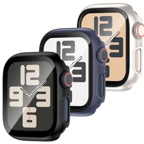 3 Stück Hülle für 41mm Apple Watch Series 9/Series 8/Series 7,iWatch Hard PC Schutzhülle Mit Glas Displayschutz,Schutzfolie Gehärtetem Glas Gesamtblasenfreie für iWatch 9 8 7 Zubehör 41mm von YJLink