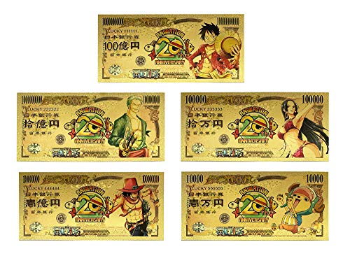 YJacuing Anime One Piece Gold Coated Banknote, Limited Edition Collectible Bill Lesezeichen (5 Stück, 20th Anniversary Collection) von YJacuing