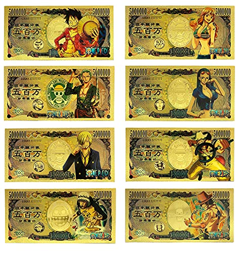 YJacuing Anime One Piece Gold Coated Banknote, Limited Edition Collectible Bill Bookmark (8 Stück, 5 Millionen Sammlung) von YJacuing
