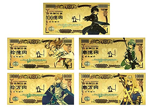 YJacuing Anime Sword Art Online Gun Gale Online Alicization Gold Coated Banknote, SAO GGO PA Limited Edition Sammlerstück Bill Lesezeichen (5 PCS Collection) von YJacuing