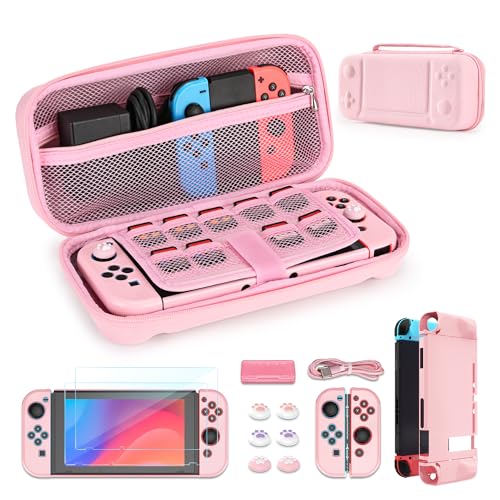 Younik 14-in-1 Switch Zubehör Bundle, Große Tragetasche für Switch 2017, Switch-Reisekoffer passend für Konsole, J-Con-Griff, Netzteil und Schutzzubehö (Rosa, Knopf Typ von YK YOUNIK