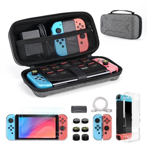 Younik 14-in-1 Switch Zubehör Bundle, Große Tragetasche für Switch 2017, Switch-Reisekoffer passend für Konsole, J-Con-Griff, Netzteil und Schutzzubehör (Grau, Y-Typ) von YK YOUNIK