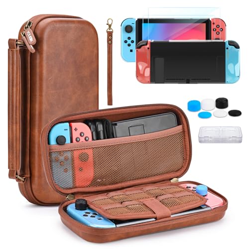 Younik Braun Switch Tasche, Harte Tragetasche für Switch 2017, 13-in-1-Switch-Hülle mit Schutzhülle, Displayschutzfolie, 6 J-Con-Abdeckungen und Spielkartenhülle von YK YOUNIK