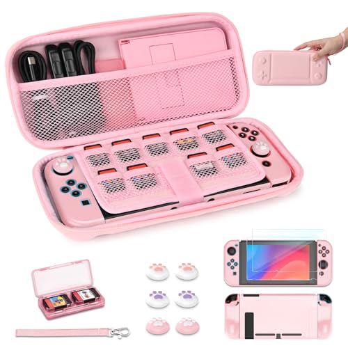 Younik Switch Tasche für Switch 2017 Modell, 14 in 1 Switch Zubehör Bundle mit Switch Tragetasche, schützendes Zubehör für Switch Konsole & J-Con, Game Card Case (Rosa, Knopf Typ von YK YOUNIK