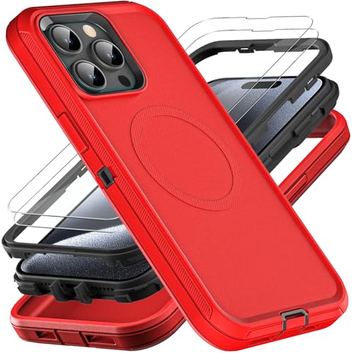YKHJKLEC Schutzhülle für iPhone 15 Pro, kompatibel mit Magsafe, Militärqualität, 3-in-1, strapazierfähig, stoßfest, sturzsicher, staubdicht, mit 2 Displayschutzfolien aus gehärtetem Glas (neu-rot YKHJKLEC Schutzhülle für iPhone 15 Pro, kompatibel mit Magsafe, Militärqualität, 3-in-1, strapazierfähig, stoßfest, sturzsicher, staubdicht, mit 2 Displayschutzfolien aus gehärtetem Glas (neu-rot von YKHJKLEC