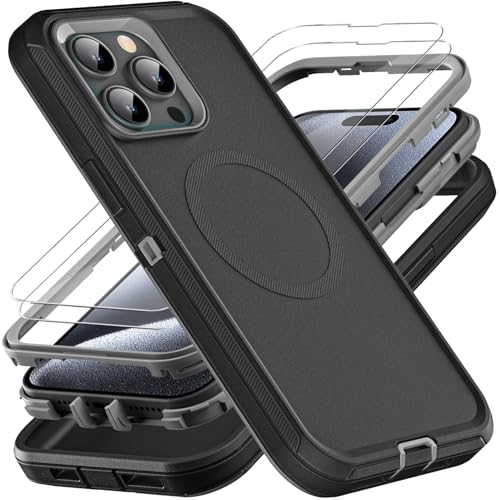 YKHJKLEC Schutzhülle für iPhone 15 Pro, kompatibel mit Magsafe, Militärqualität, 3-in-1, strapazierfähig, stoßfest, sturzsicher, staubdicht, mit 2 Displayschutzfolien aus gehärtetem Glas (Schwarz YKHJKLEC Schutzhülle für iPhone 15 Pro, kompatibel mit Magsafe, Militärqualität, 3-in-1, strapazierfähig, stoßfest, sturzsicher, staubdicht, mit 2 Displayschutzfolien aus gehärtetem Glas (Schwarz von YKHJKLEC