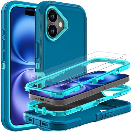 YKHJKLEC Schutzhülle für iPhone 16, Militärqualität, 3-in-1, strapazierfähig, stoßfest, sturzsicher, staubdicht, mit 2 Displayschutzfolien aus gehärtetem Glas (Blau/Türkis) von YKHJKLEC