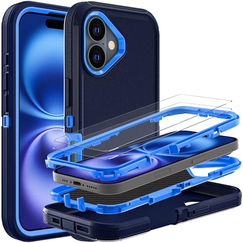 YKHJKLEC Schutzhülle für iPhone 16, Militärqualität, 3-in-1, strapazierfähig, stoßfest, sturzsicher, staubdicht, mit 2 Displayschutzfolien aus gehärtetem Glas (Marineblau) von YKHJKLEC